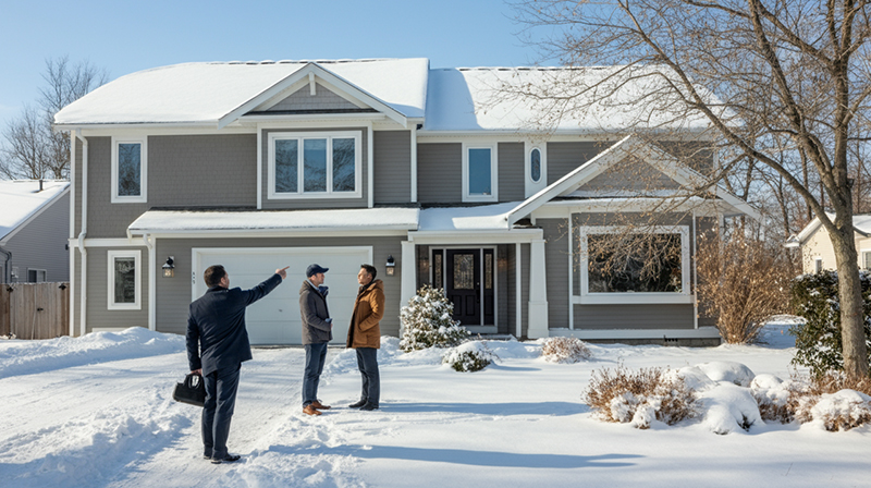 A real estate agent showing a home in the winter